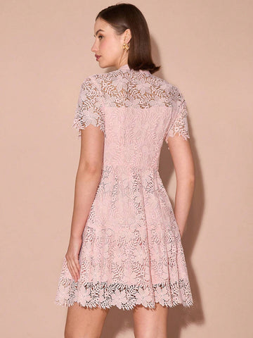 Enchnt Women V-Neck Lace Short Sleeve Single-Breasted Elegant Vacation Mini Dress,For Christmas Party&Romantic Dinner Dates