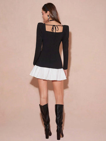 Enchnt Women's Autumn Daily Wear Colorblock Button Decor Square Neck Dress