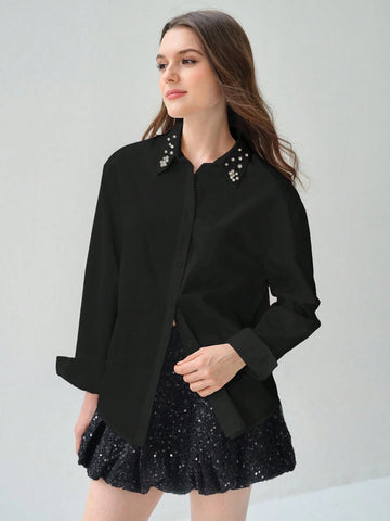 Enchnt Women's Autumn Rhinestone Embellished Single-Breasted Elegant Blouse