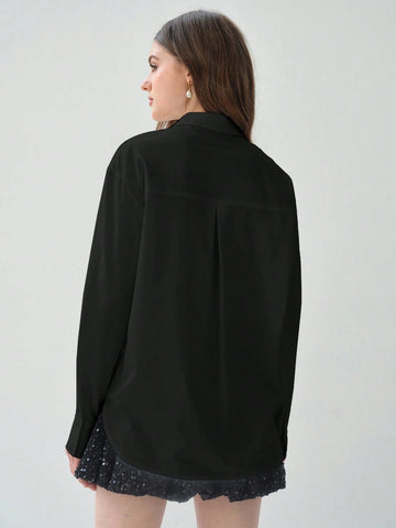 Enchnt Women's Autumn Rhinestone Embellished Single-Breasted Elegant Blouse