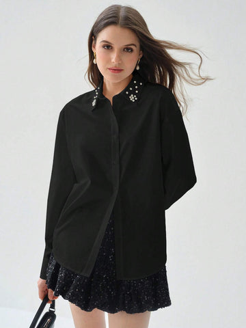 Enchnt Women's Autumn Rhinestone Embellished Single-Breasted Elegant Blouse