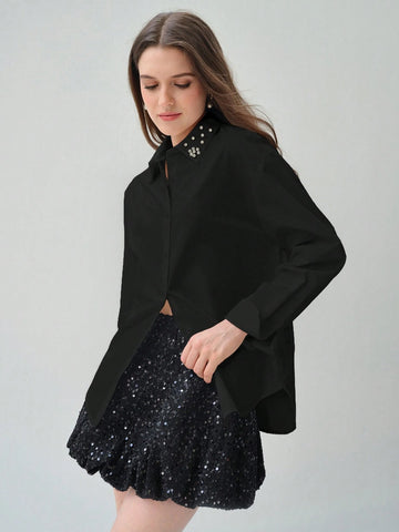 Enchnt Women's Autumn Rhinestone Embellished Single-Breasted Elegant Blouse