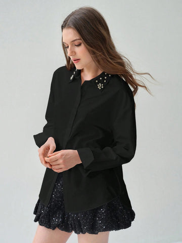 Enchnt Women's Autumn Rhinestone Embellished Single-Breasted Elegant Blouse