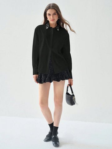 Enchnt Women's Autumn Rhinestone Embellished Single-Breasted Elegant Blouse