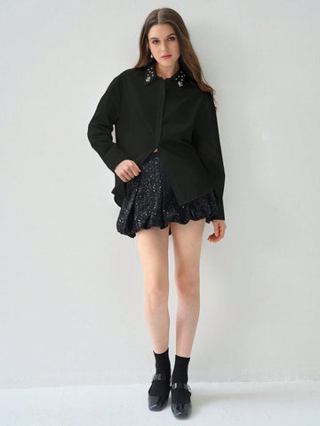 Enchnt Women's Autumn Rhinestone Embellished Single-Breasted Elegant Blouse