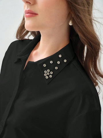 Enchnt Women's Autumn Rhinestone Embellished Single-Breasted Elegant Blouse