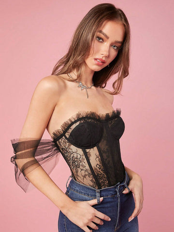 Enchnt Women's Black Lace Patchwork Off Shoulder Bodycon Bodysuit, Suitable For Parties And Clubs