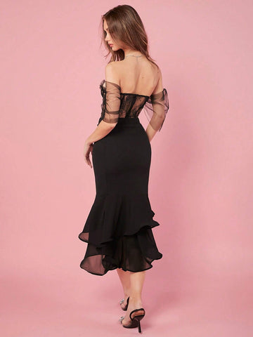 Enchnt Women's Black Lace Patchwork Off Shoulder Bodycon Bodysuit, Suitable For Parties And Clubs