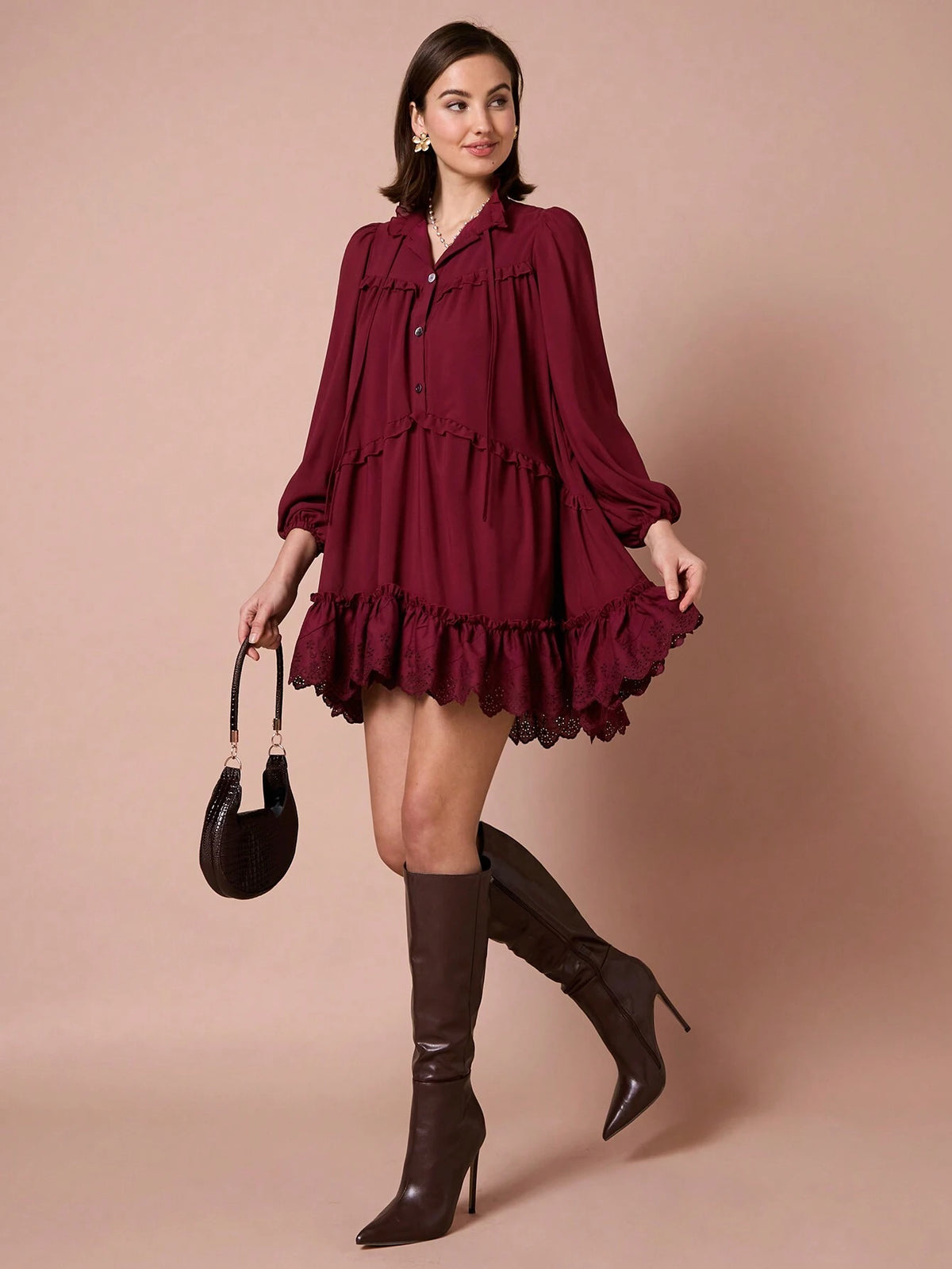 Enchnt Women's Casual Solid Color Ruffle Trim Dress, Autumn