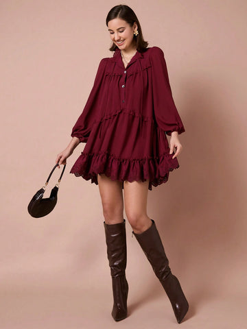 Enchnt Women's Casual Solid Color Ruffle Trim Dress, Autumn