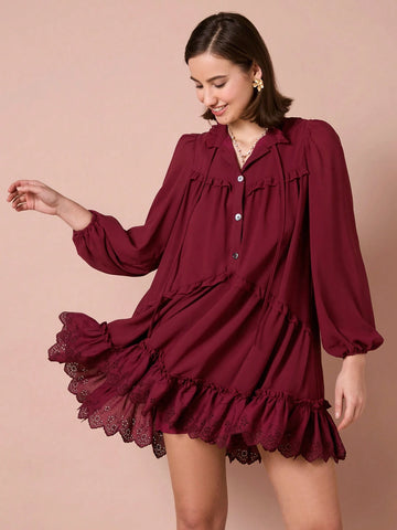 Enchnt Women's Casual Solid Color Ruffle Trim Dress, Autumn