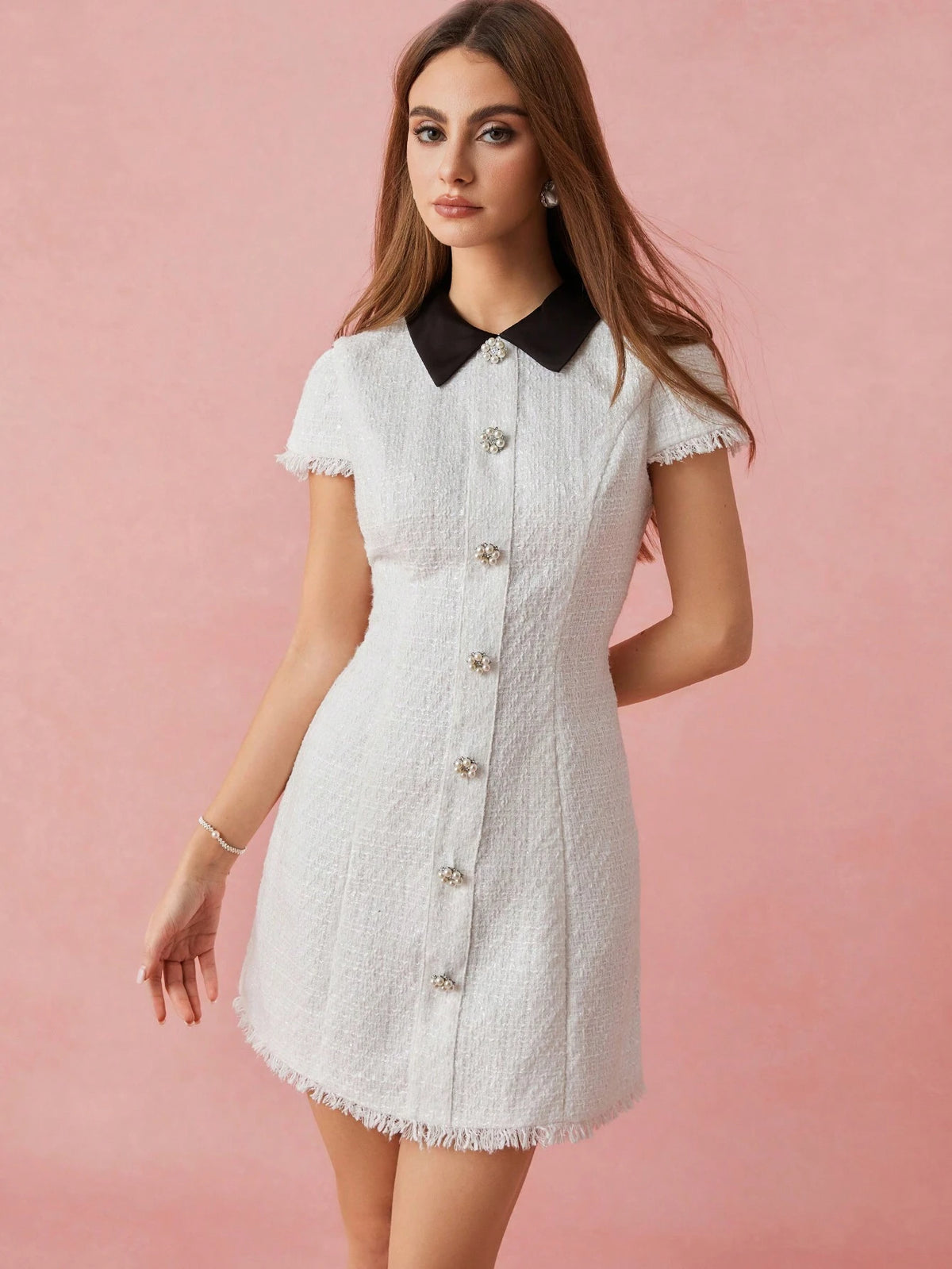 Enchnt Women's Colorblock Lapel Fringed Hem Single Breasted Elegant Short Dress