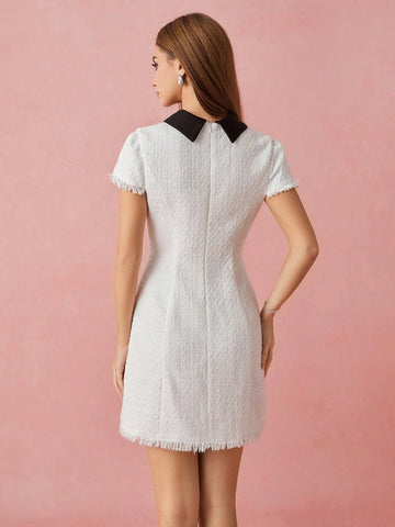 Enchnt Women's Colorblock Lapel Fringed Hem Single Breasted Elegant Short Dress