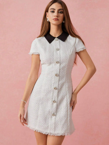 Enchnt Women's Colorblock Lapel Fringed Hem Single Breasted Elegant Short Dress