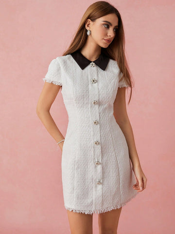 Enchnt Women's Colorblock Lapel Fringed Hem Single Breasted Elegant Short Dress