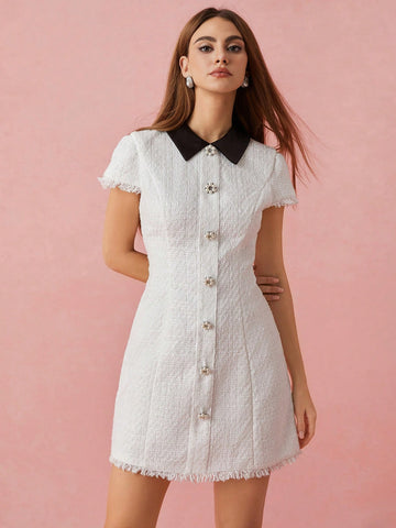 Enchnt Women's Colorblock Lapel Fringed Hem Single Breasted Elegant Short Dress