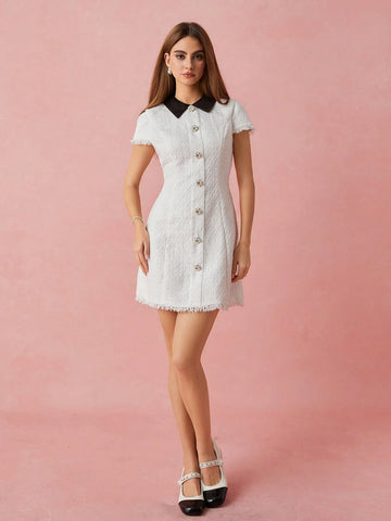 Enchnt Women's Colorblock Lapel Fringed Hem Single Breasted Elegant Short Dress