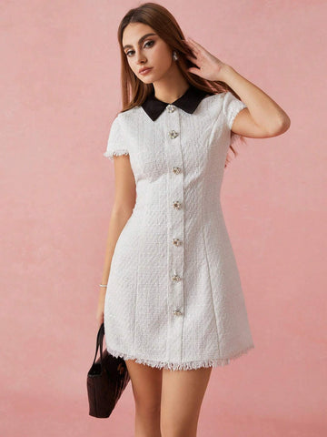 Enchnt Women's Colorblock Lapel Fringed Hem Single Breasted Elegant Short Dress