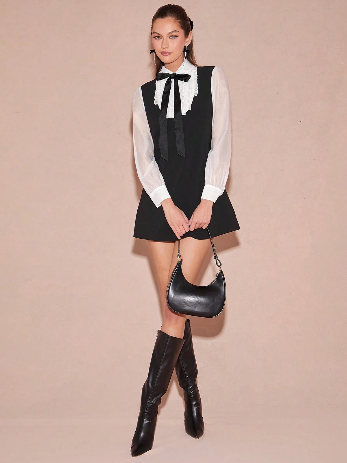 Enchnt Women's Contrast Color Collar Bow Long Sleeve Elegant Dress