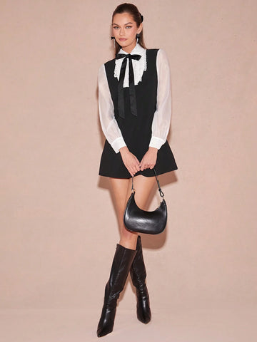 Enchnt Women's Contrast Color Collar Bow Long Sleeve Elegant Dress