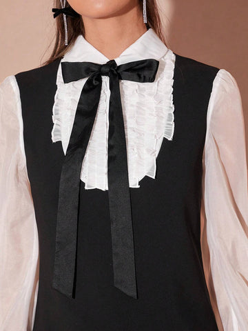 Enchnt Women's Contrast Color Collar Bow Long Sleeve Elegant Dress