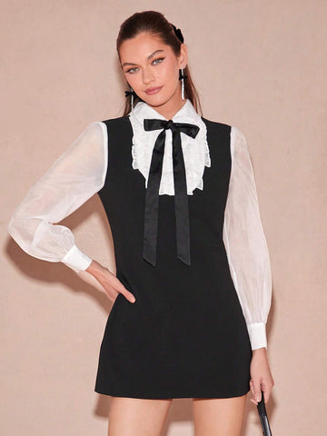 Enchnt Women's Contrast Color Collar Bow Long Sleeve Elegant Dress