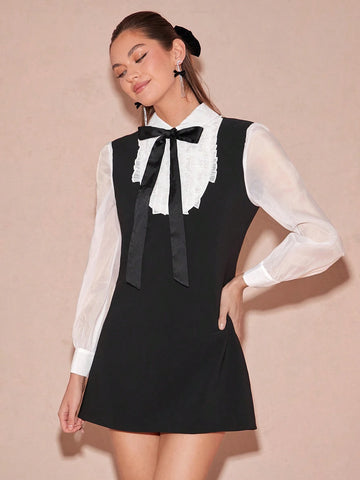 Enchnt Women's Contrast Color Collar Bow Long Sleeve Elegant Dress