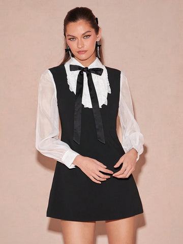 Enchnt Women's Contrast Color Collar Bow Long Sleeve Elegant Dress