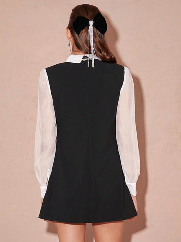 Enchnt Women's Contrast Color Collar Bow Long Sleeve Elegant Dress