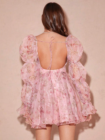 Enchnt Women's Elegant Full Floral Print Organza Sweetheart Neck Virago Sleeve Mini Dress, Spring/Summer