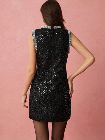 Enchnt Women's Elegant Party Rhinestone & Sequin Decor Sleeveless Dress