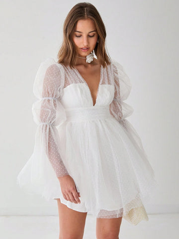 Enchnt Women's Elegant V-Neck Mesh Polka Dot Homecoming Skirt, Festival Outfits,Fall Women Dresses,Winter Women Dress