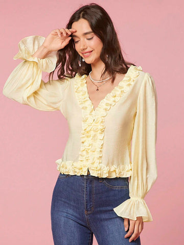 Enchnt Women's Fashionable Ruffle Sleeve Shirt With Frilled Edges