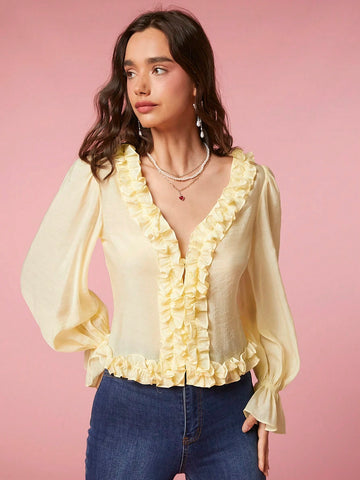 Enchnt Women's Fashionable Ruffle Sleeve Shirt With Frilled Edges