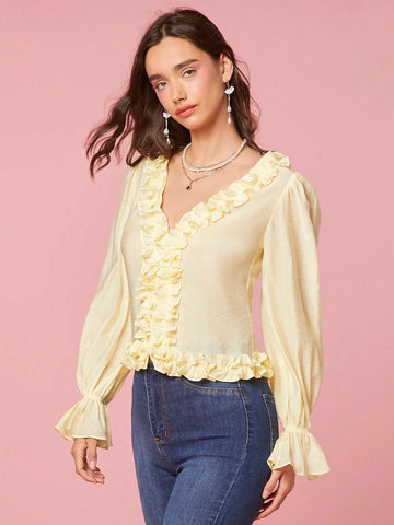 Enchnt Women's Fashionable Ruffle Sleeve Shirt With Frilled Edges