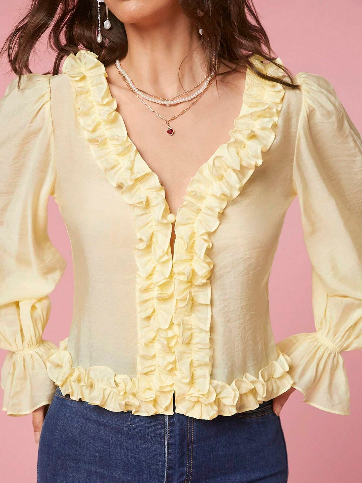 Enchnt Women's Fashionable Ruffle Sleeve Shirt With Frilled Edges