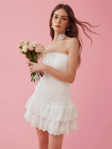 Enchnt Women's Romantic Sweetheart Neckline Summer Shirred Dress With Ruffle Hem
