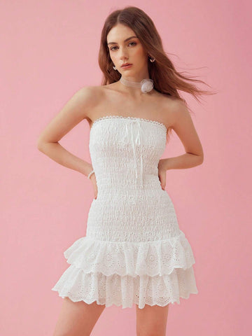 Enchnt Women's Romantic Sweetheart Neckline Summer Shirred Dress With Ruffle Hem