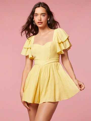 Enchnt Women's Solid Color Casual Short Sleeve Jumpsuit With Sweetheart Neckline, Summer