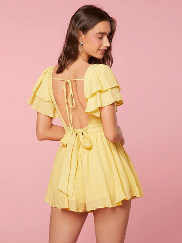 Enchnt Women's Solid Color Casual Short Sleeve Jumpsuit With Sweetheart Neckline, Summer