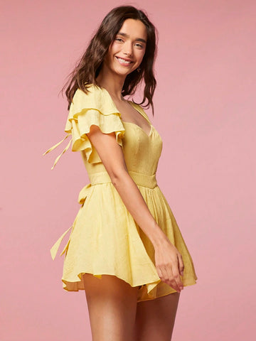 Enchnt Women's Solid Color Casual Short Sleeve Jumpsuit With Sweetheart Neckline, Summer