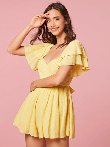 Enchnt Women's Solid Color Casual Short Sleeve Jumpsuit With Sweetheart Neckline, Summer