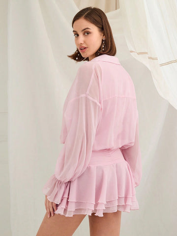 Enchnt Women's Solid Color Cowl Neck Dropped Shoulder Long Sleeve Layered Ruffle Hem Short Dress