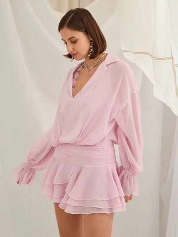 Enchnt Women's Solid Color Cowl Neck Dropped Shoulder Long Sleeve Layered Ruffle Hem Short Dress