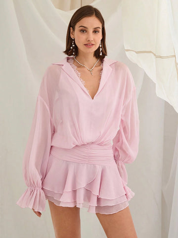 Enchnt Women's Solid Color Cowl Neck Dropped Shoulder Long Sleeve Layered Ruffle Hem Short Dress