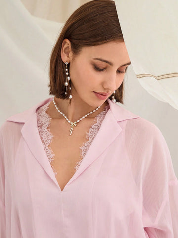 Enchnt Women's Solid Color Cowl Neck Dropped Shoulder Long Sleeve Layered Ruffle Hem Short Dress