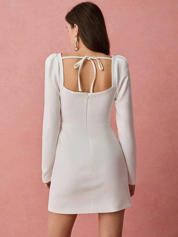 Enchnt Women's Solid Color Patchwork Long Sleeve Simple Fitted Short Dress