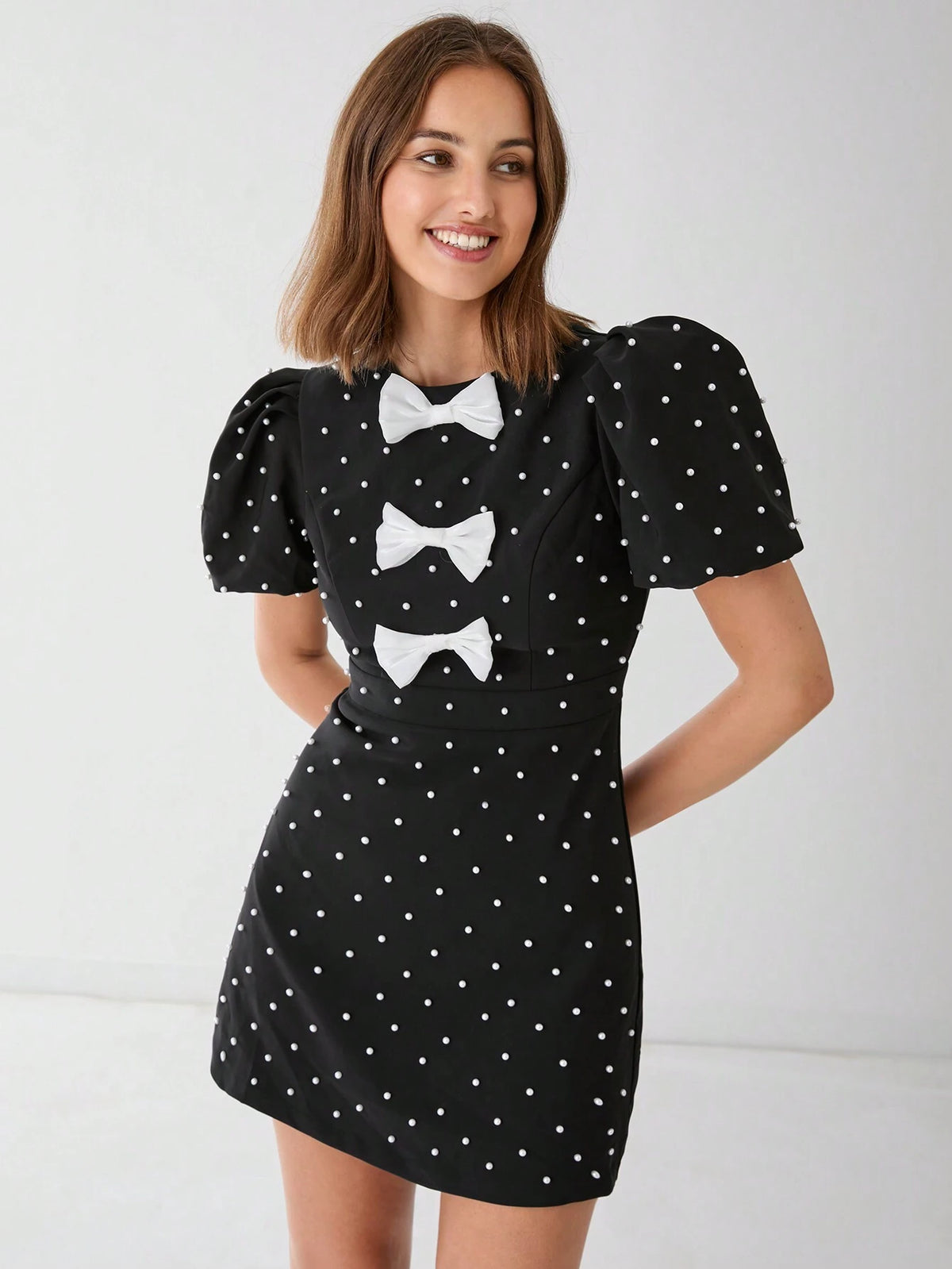 Enchnt Women's Summer Elegant Bowknot Pearl Decor Puff Sleeve Dress