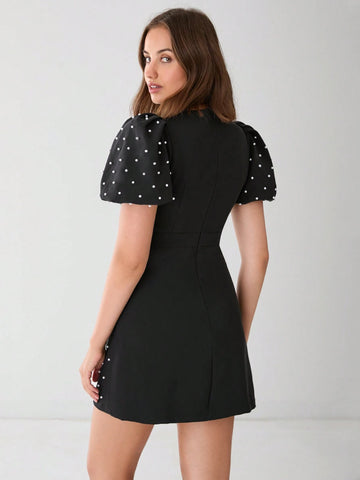 Enchnt Women's Summer Elegant Bowknot Pearl Decor Puff Sleeve Dress