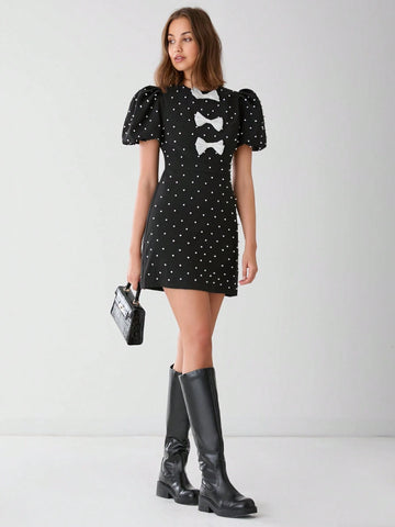 Enchnt Women's Summer Elegant Bowknot Pearl Decor Puff Sleeve Dress